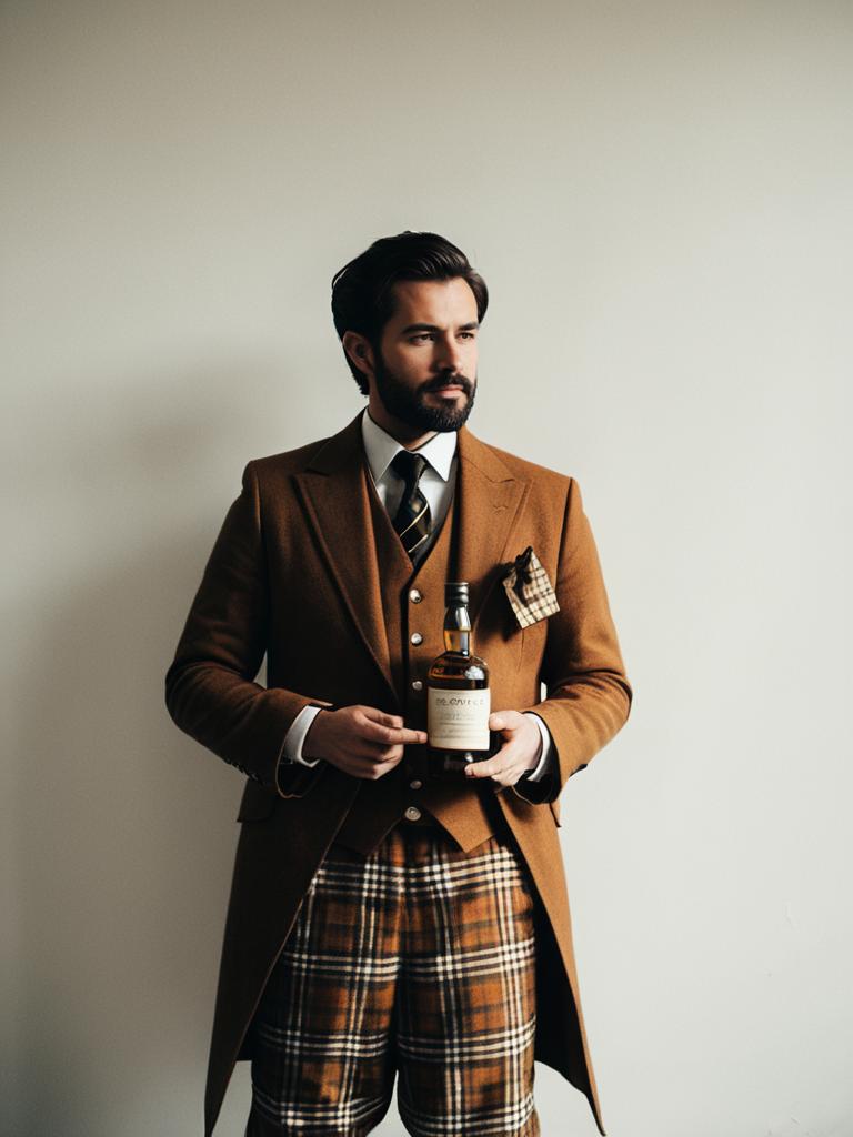 Man in Scotch Costume Holding Whisky Bottle in Classic Scottish Style