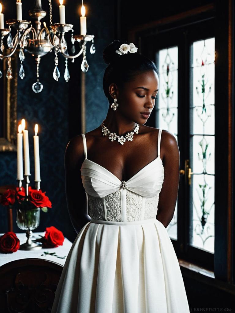 Elegant Woman in Classic White Bridal Gown with Candlelit Vintage Ambiance