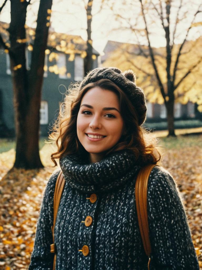 Woman in Vintage Cozy Fall Outfit Candid Natural Daylight Portrait