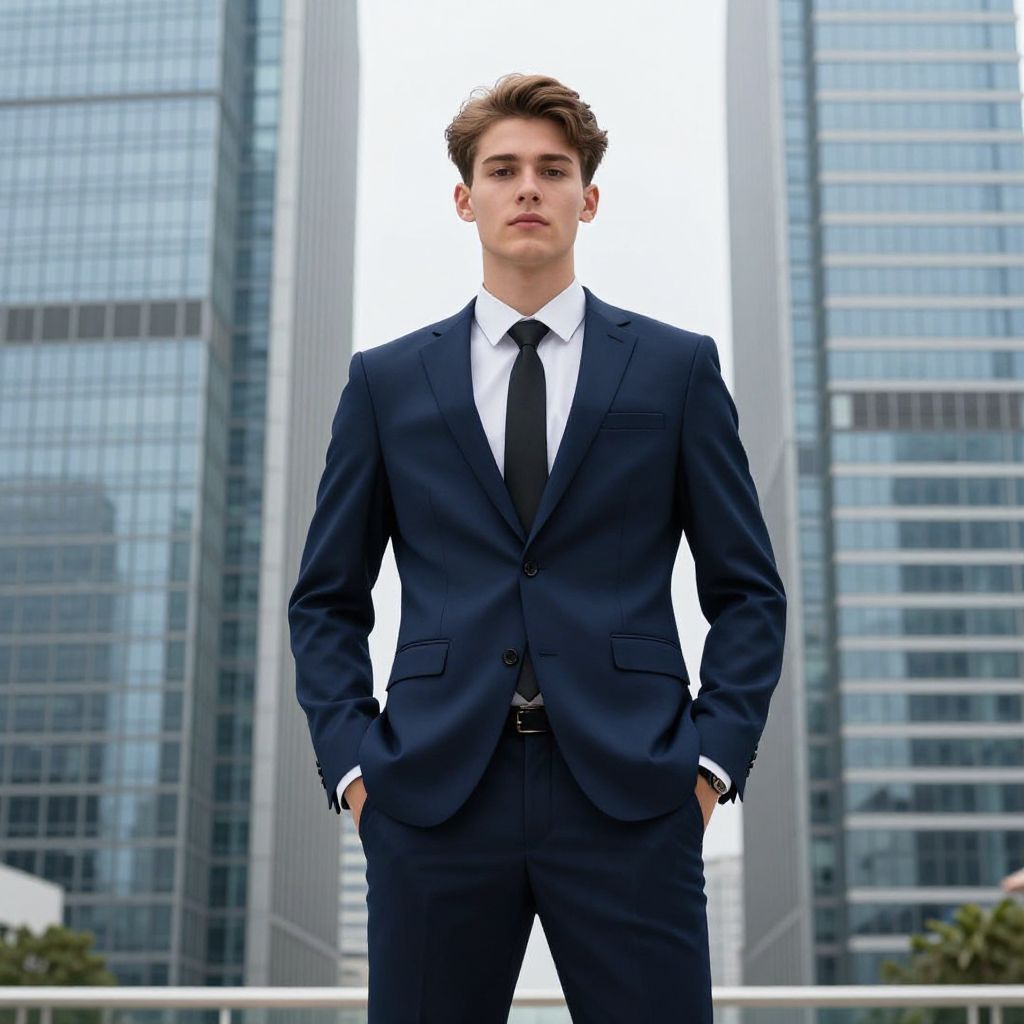 Young Man in Navy Blue Suit Standing in Modern Business District