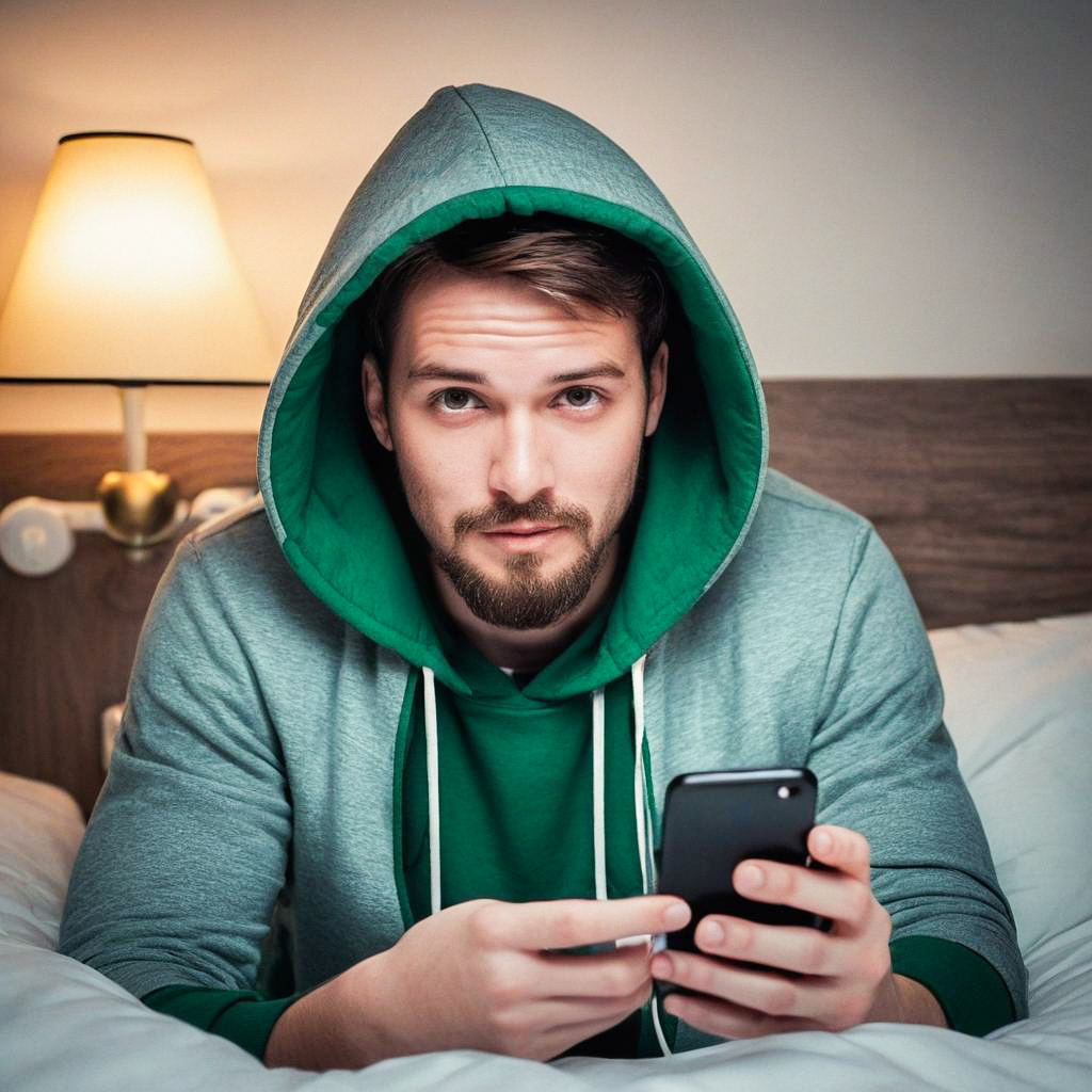 Young man in green hoodie and grey jacket sitting on bed with smartphone Young man in green hoodie and grey jacket sitting on bed with smartphone
