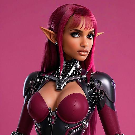 Futuristic Elf Woman with Pink Hair and Robotic Exoskeleton