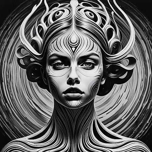 Surreal Black and White Portrait of Woman with Intricate Flowing Patterns