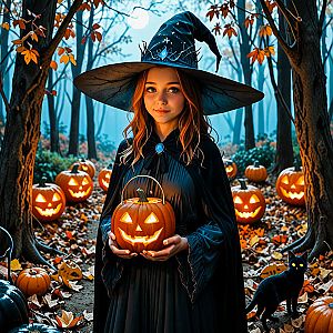 Witch in Autumn Forest with Jack-o'-Lanterns