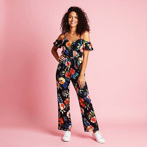Stylish Woman in Floral Off-Shoulder Jumpsuit Against Pink Background