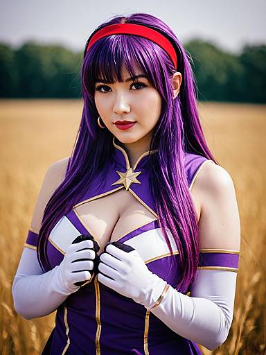 Asamiya Athena Cosplay Portrait with Purple Hair in Outdoor Wheat Field