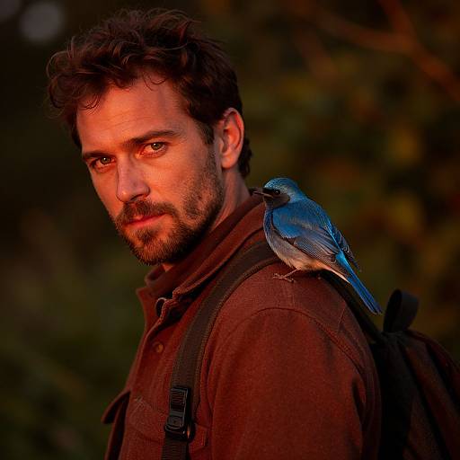 Man with Blue Bird on Shoulder in Warm Sunset Light