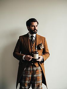 Man in Scotch Costume Holding Whisky Bottle in Classic Scottish Style