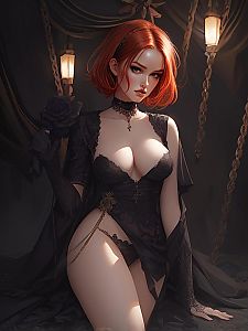 Gothic Red-Haired Woman in Lingerie Holding Black Rose Digital Art