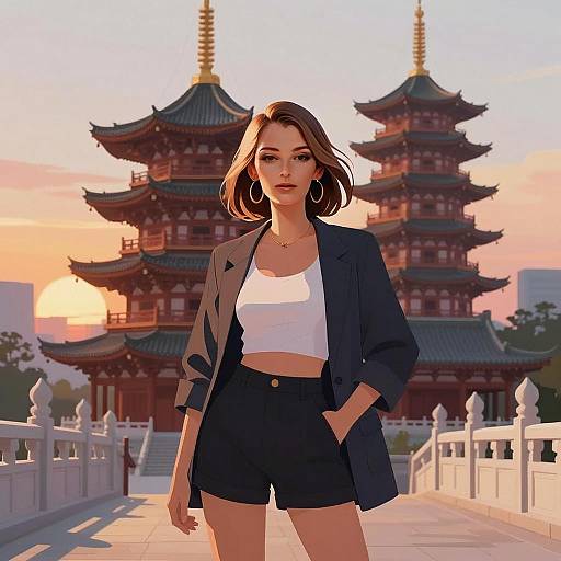 Young Woman in Modern Fashion Poses on Asian Bridge with Pagoda Sunset