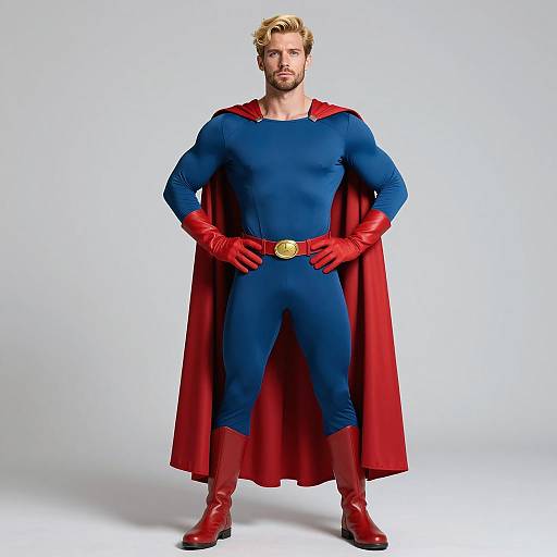 Man in Classic Blue and Red Superhero Costume Standing Confidently