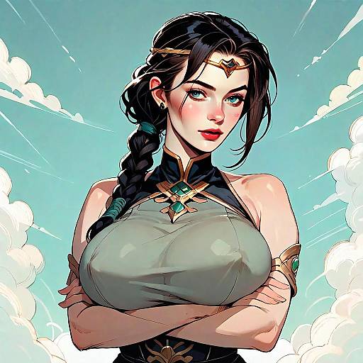 Confident Fantasy Woman with Braided Hair Digital Illustration
