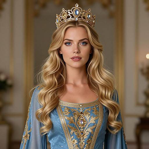 Regal Woman in Blue and Gold Embroidered Gown Wearing Ornate Crown