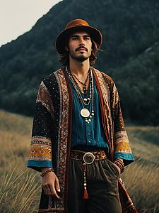 Man in Bohemian Style Outfit with Cinematic Realism in Outdoor Setting