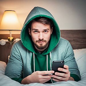 Young man in green hoodie and grey jacket sitting on bed with smartphone