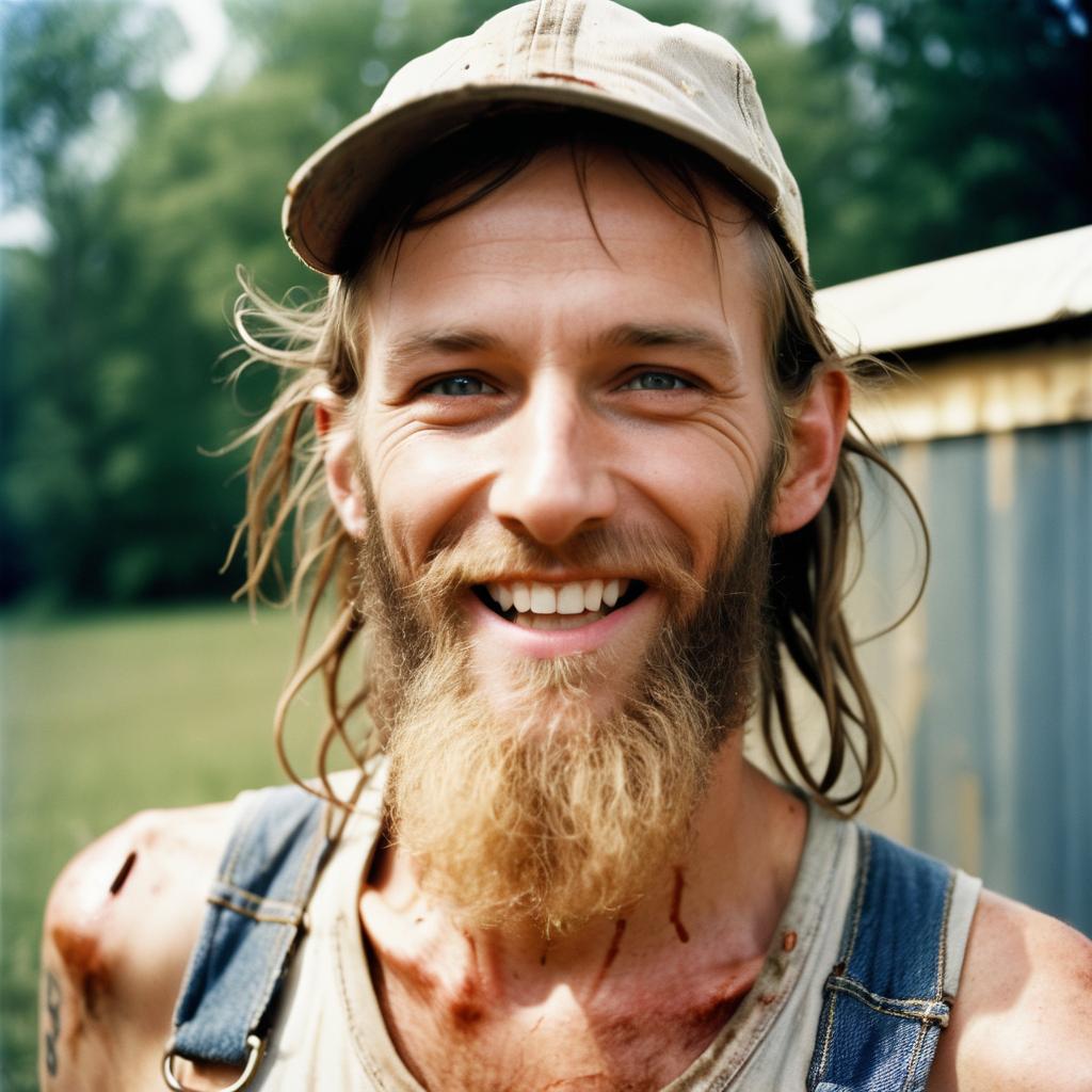 Skinny Malnourished Man with Beard in Rustic Attire