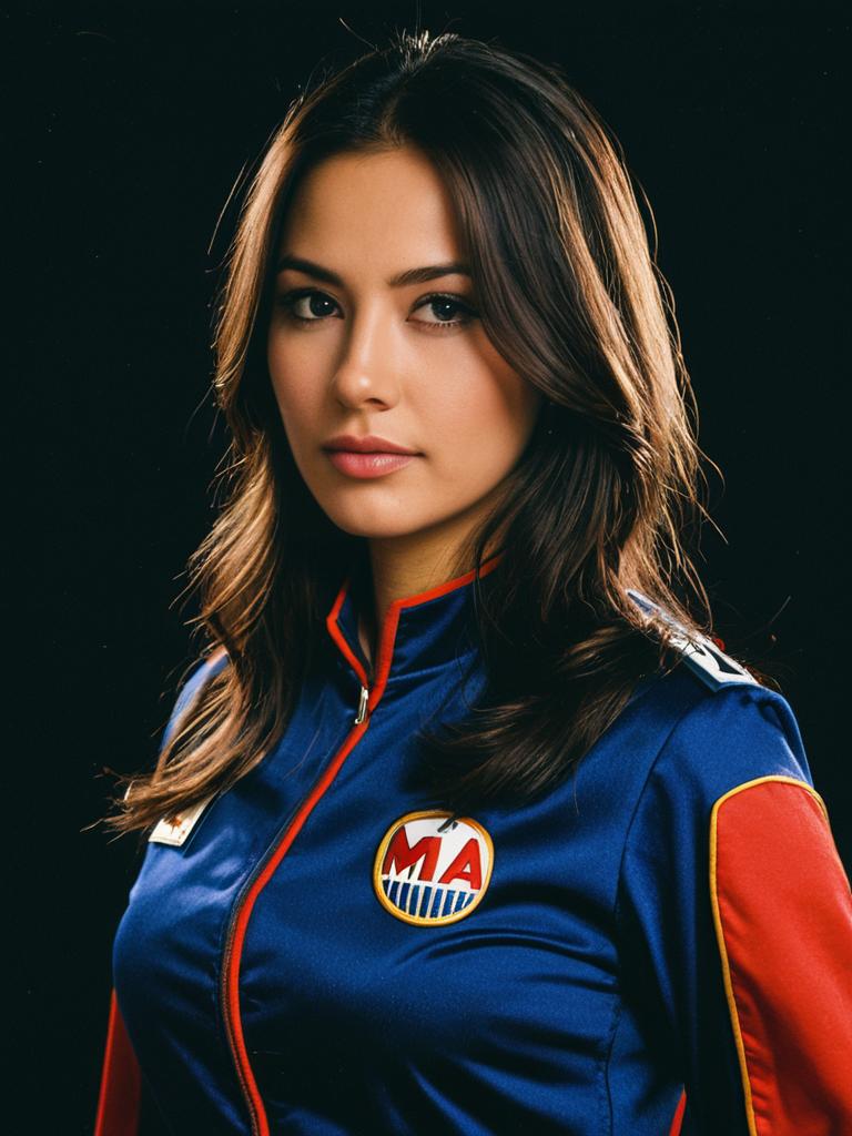 Photorealistic Studio Headshot of Woman in Blue and Red MIA Costume