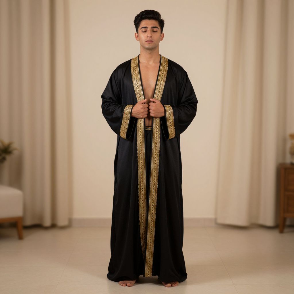 Young Man Wearing Black Traditional Thobe with Gold Embroidery Indoor