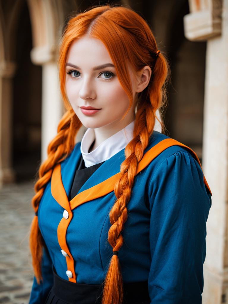 Red-Haired Woman in Vintage Blue and Orange Dress with Braided Pigtails