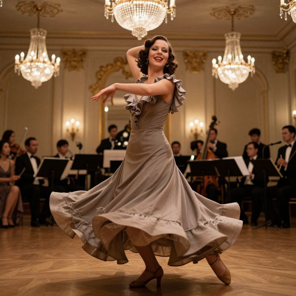 Elegant Woman Dancing in Vintage Dress with Orchestra in Grand Ballroom
