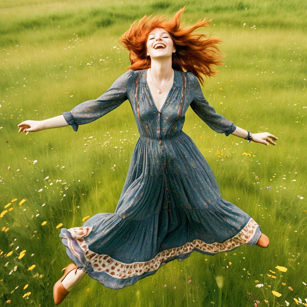 Joyful Woman Leaping in Meadow