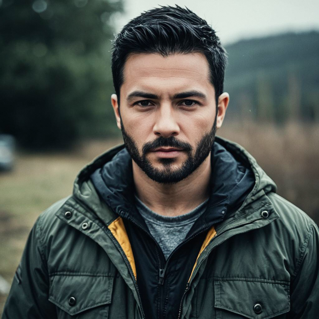 Intense Man in Layered Survival Clothing Outdoors Intense Man in Layered Survival Clothing Outdoors