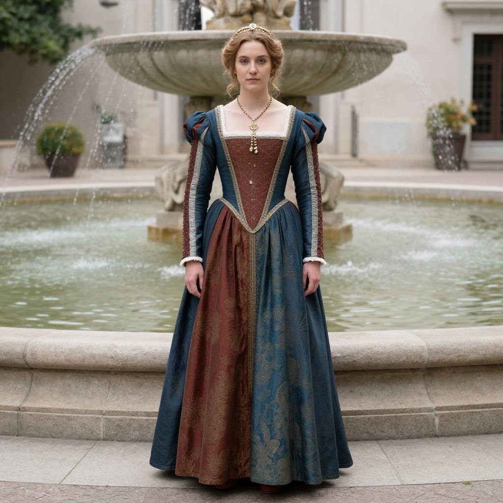 Woman in Renaissance Style Gown Standing by Fountain