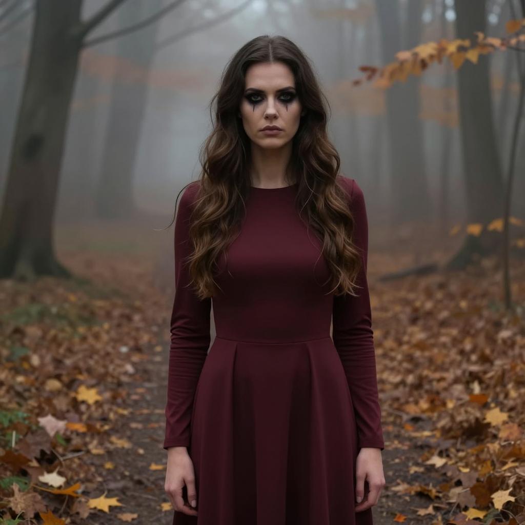 Woman in Burgundy Dress with Dramatic Makeup in Foggy Autumn Forest