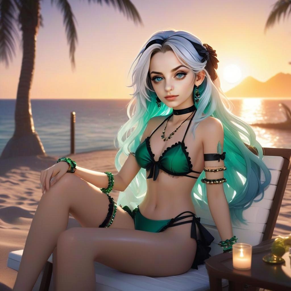 Woman with Teal and Silver Hair on Beach Chair at Sunset