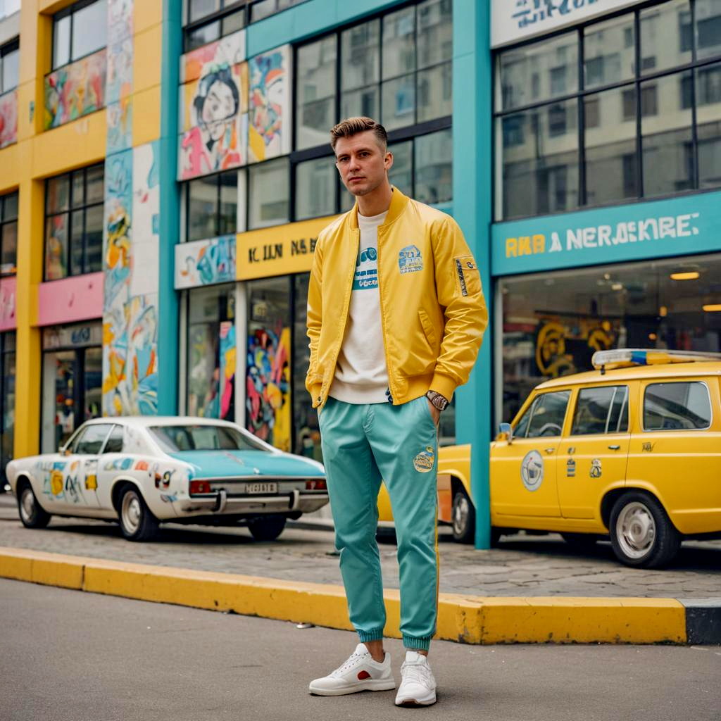 Stylish Man in Urban Setting with Colorful Murals