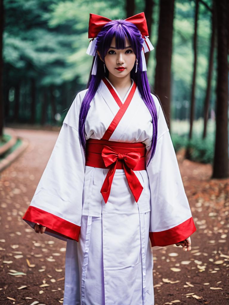 Hakurei Reimu Cosplay Woman in Traditional Miko Outfit with Purple Hair