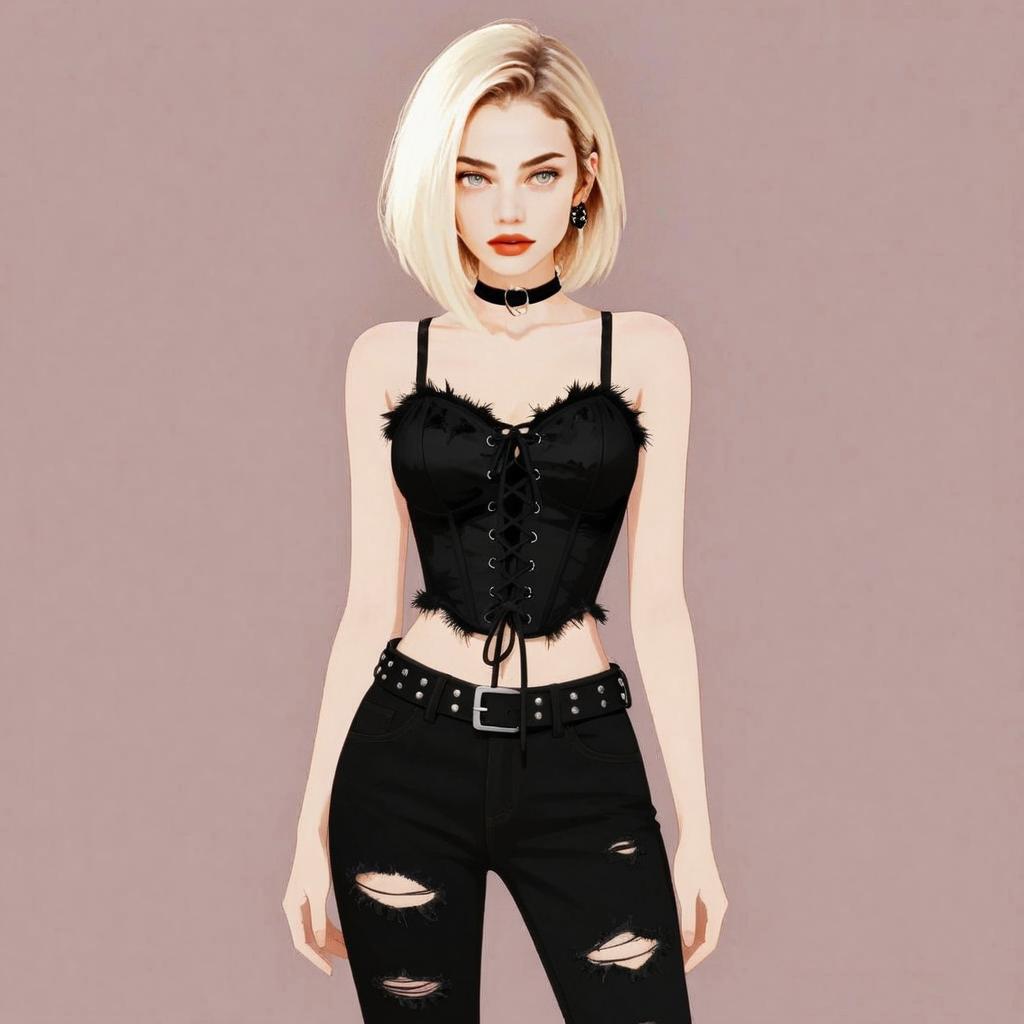 Stylish Woman in Black Lace-up Corset and Ripped Jeans Digital Illustration