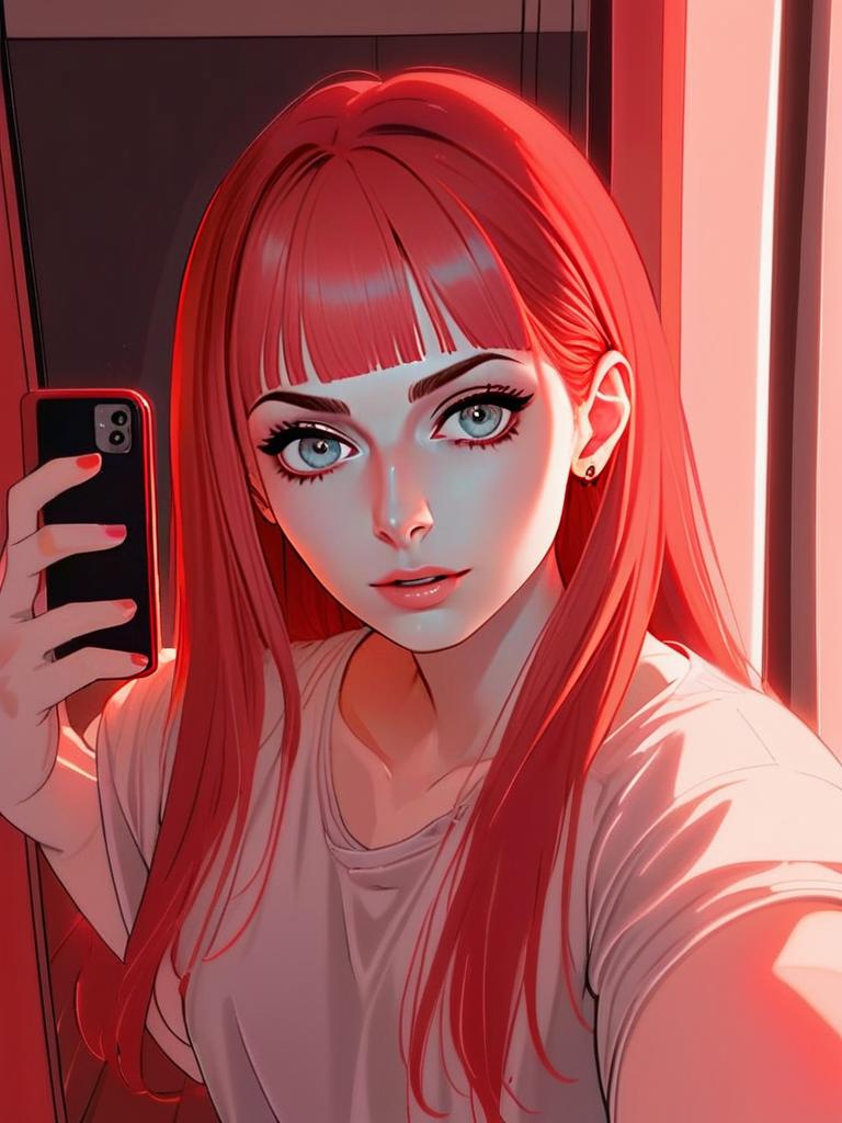 Digital Illustration of Young Woman with Red Hair Taking Selfie