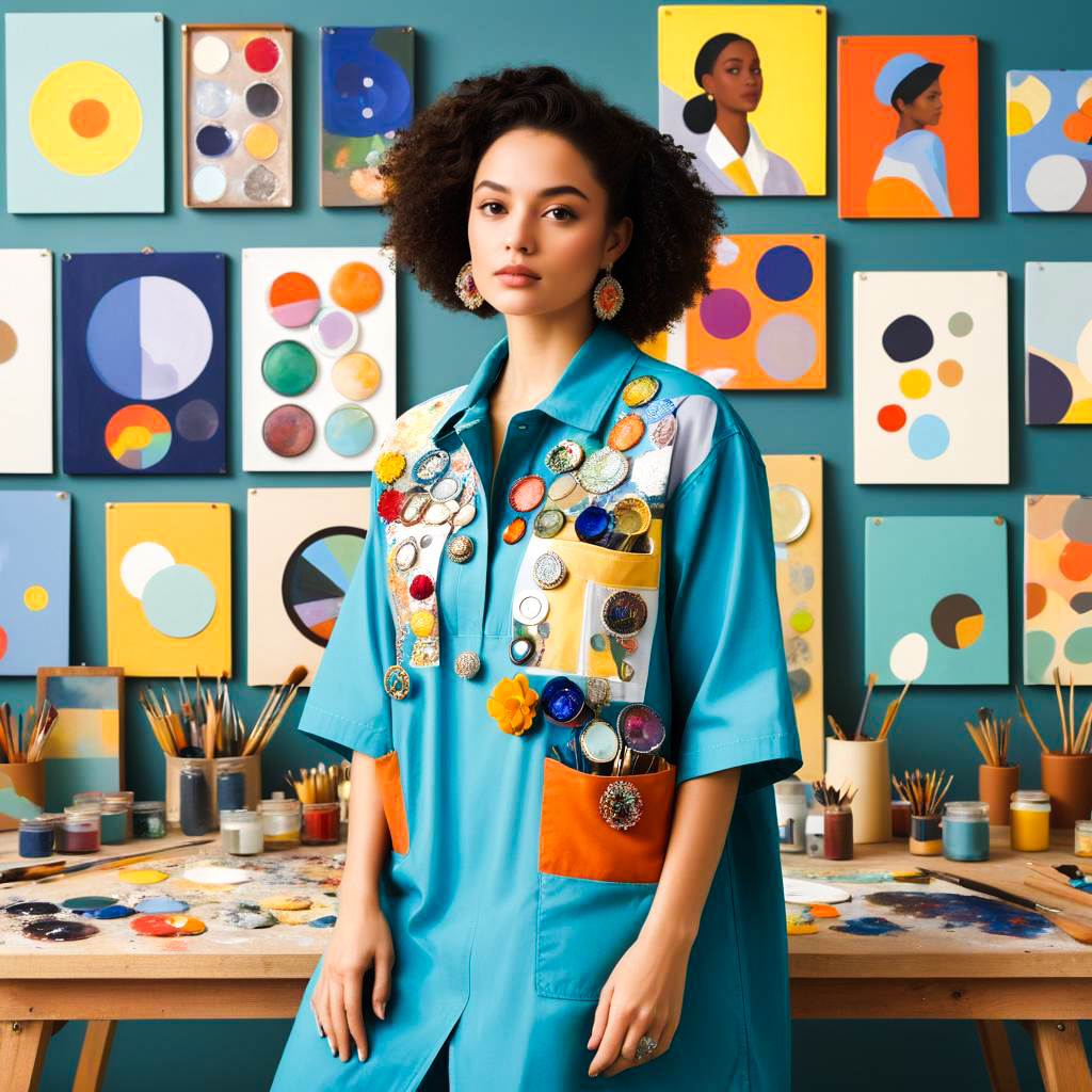 Confident Woman with Colorful Badges in Artistic Studio