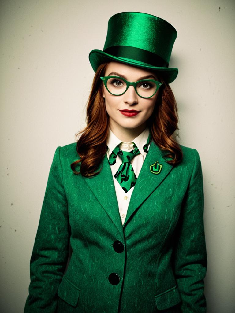 Female Riddler Costume Green Suit Top Hat and Glasses