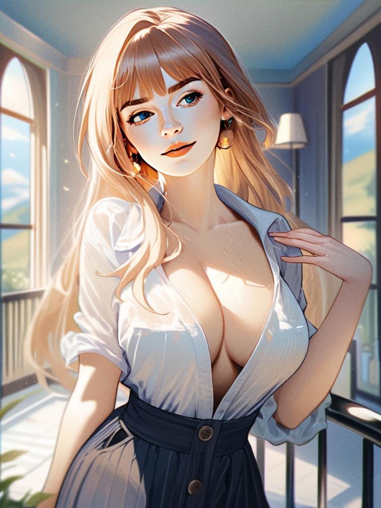 Anime Style Portrait of Blonde Woman in White Blouse and Skirt Indoors