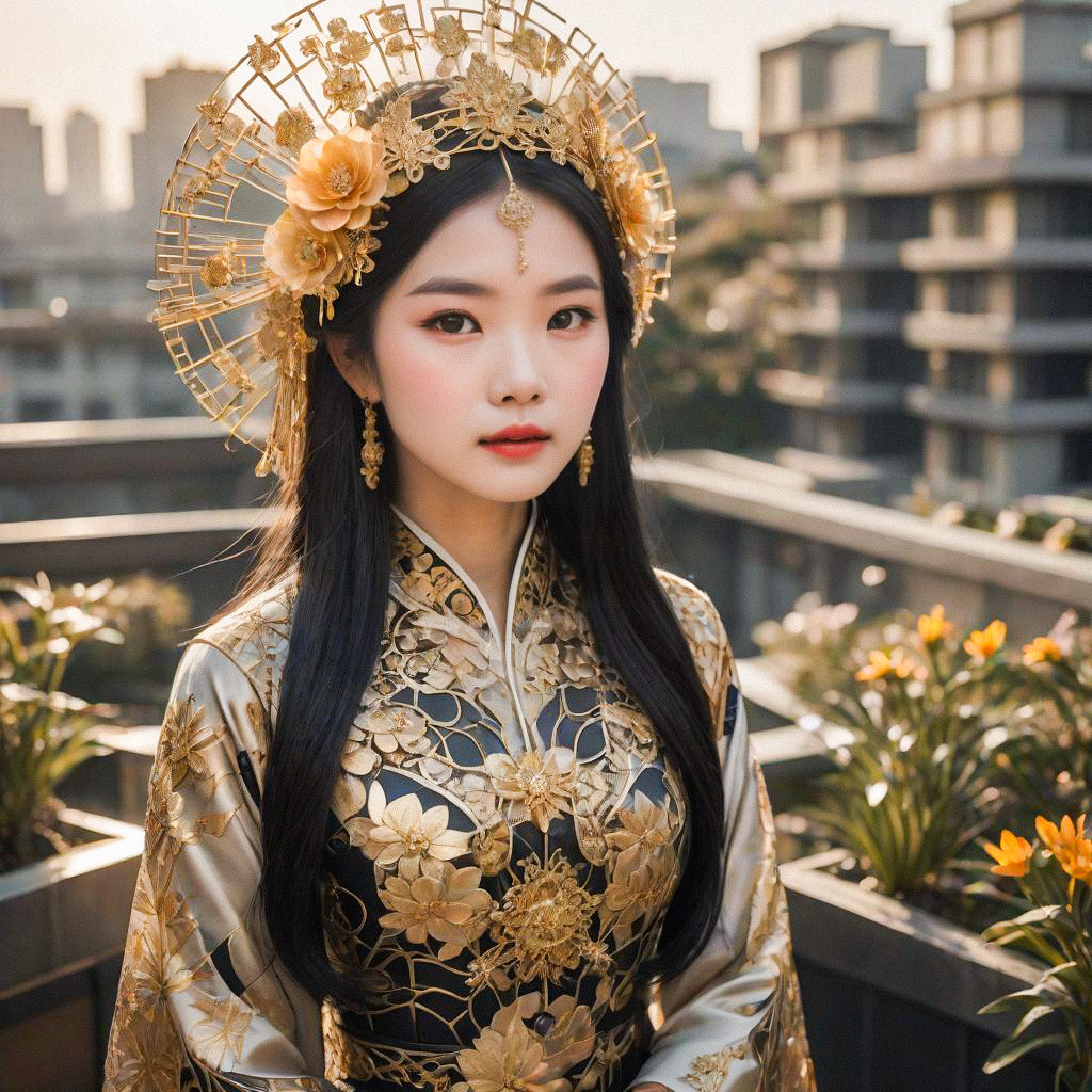 Elegant Young Woman in Traditional Outfit Against Urban Backdrop