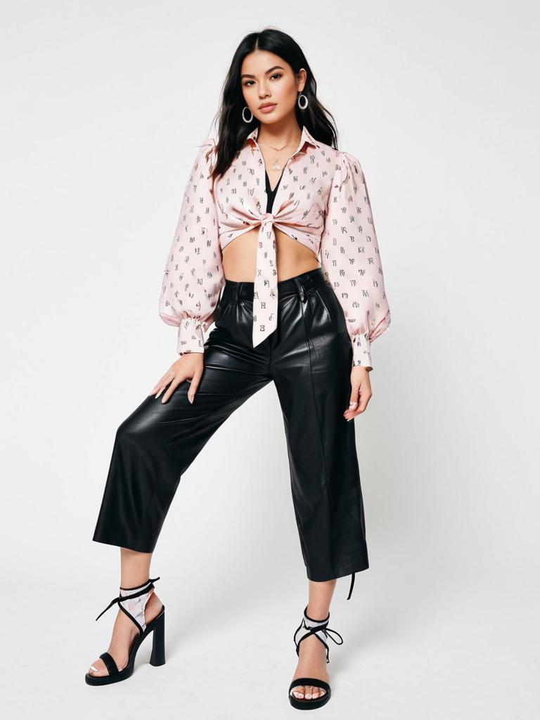 Woman in Contemporary Streetwear Pale Pink Tie-Front Cropped Blouse and Black Leather Pants