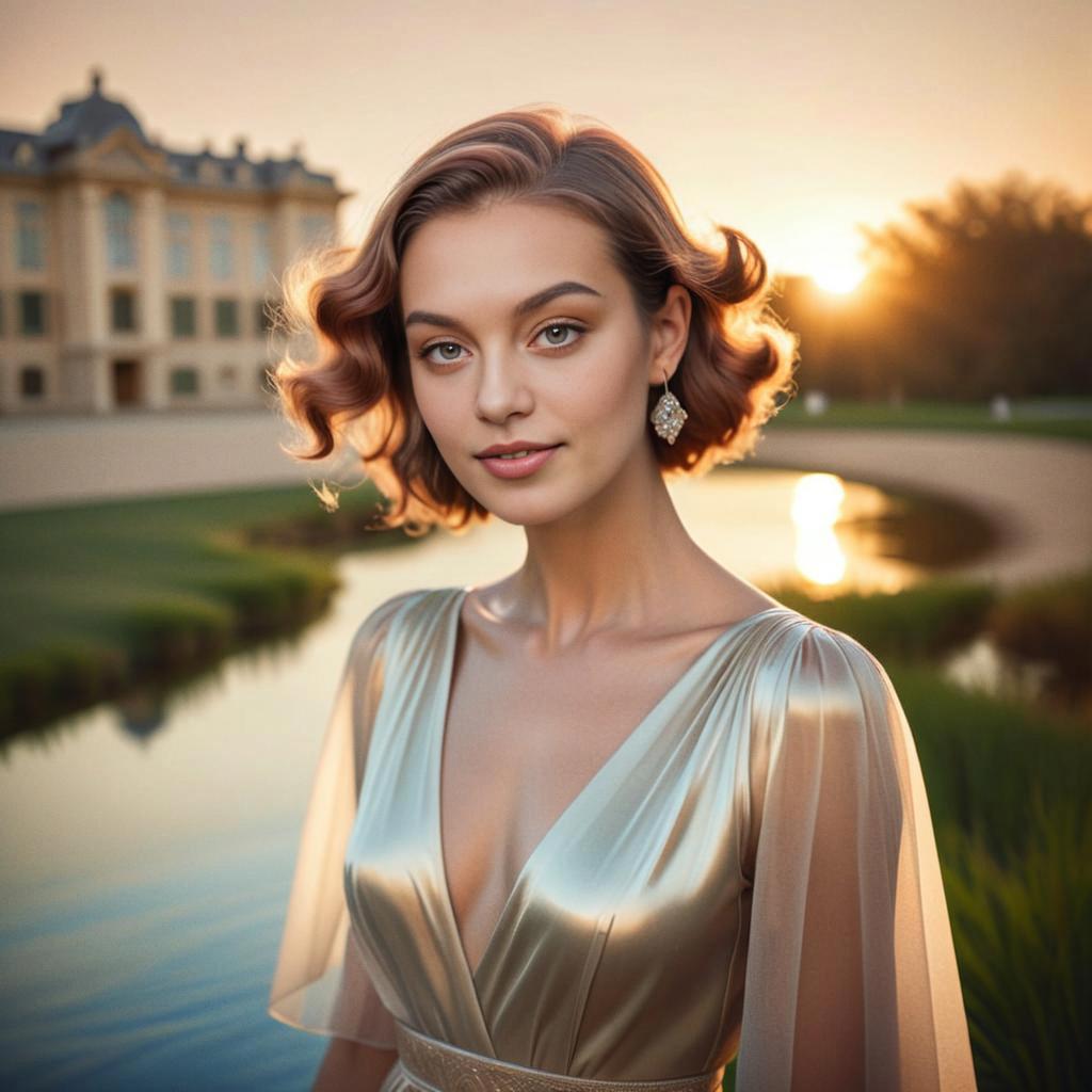 Elegant woman by serene water at sunset