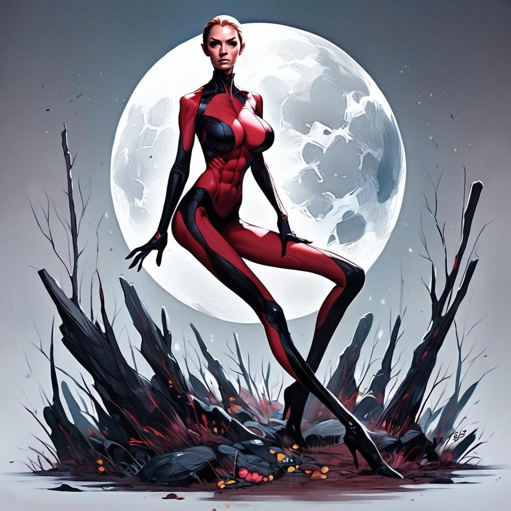 Futuristic Woman in Red Bodysuit Under Full Moon Futuristic Woman in Red Bodysuit Under Full Moon