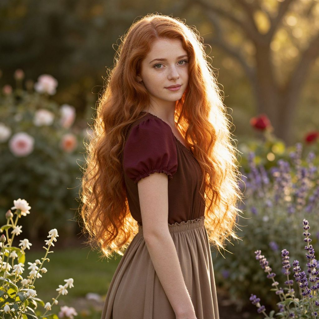 Red Haired Woman in Garden at Golden Hour Natural Light Portrait