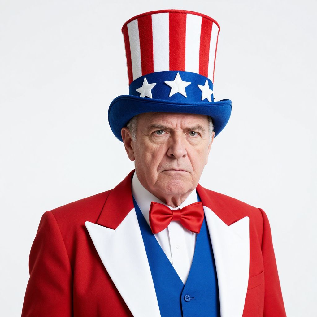 Elderly Man Dressed as Patriotic Uncle Sam with Serious Expression