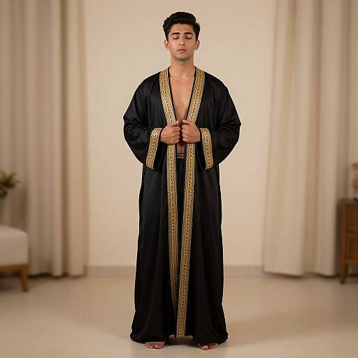 Young Man Wearing Black Traditional Thobe with Gold Embroidery Indoor