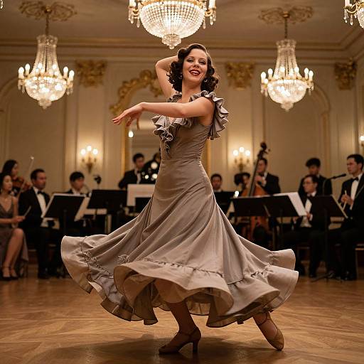 Elegant Woman Dancing in Vintage Dress with Orchestra in Grand Ballroom
