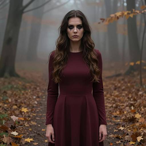 Woman in Burgundy Dress with Dramatic Makeup in Foggy Autumn Forest