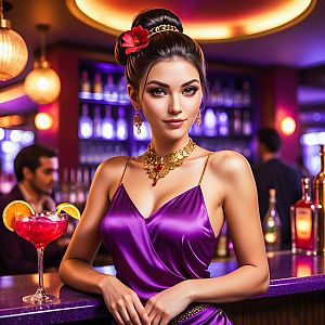 Stylish Woman in Purple Satin Dress at Vibrant Bar
