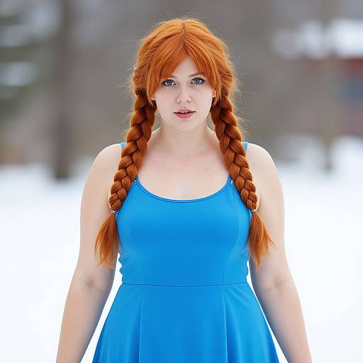 Portrait of Red-Haired Woman in Blue Dress Outdoors in Snow
