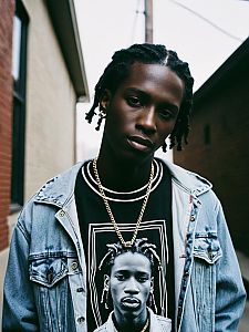 Young Man Wearing Young Thug Graphic T-Shirt and Denim Jacket Street Style