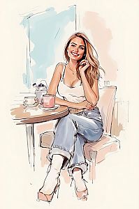 Stylish Young Woman at Café with Coffee