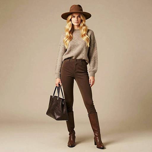 Fashionable Woman in Autumn Outfit with Hat and Leather Boots